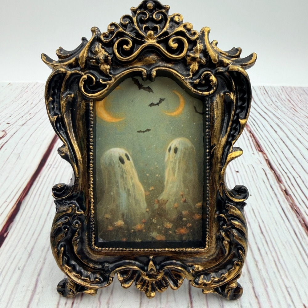 Handmade Gothic Ghost Art Print Ornate Black Gold Resin Frame Spooky Decor